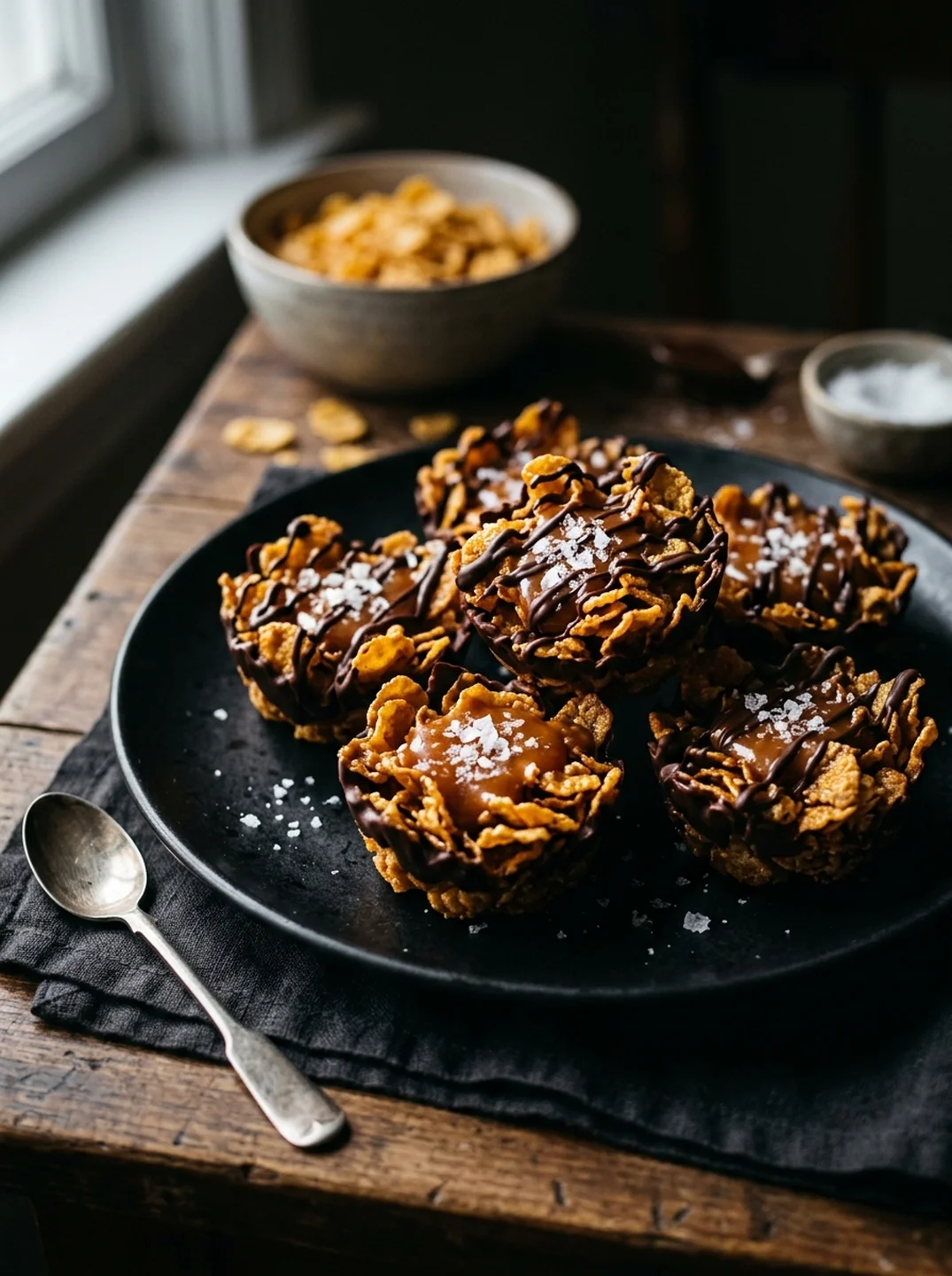 Editorial magazine cover with salted caramel cornflake cups and tagline sweet meets salty