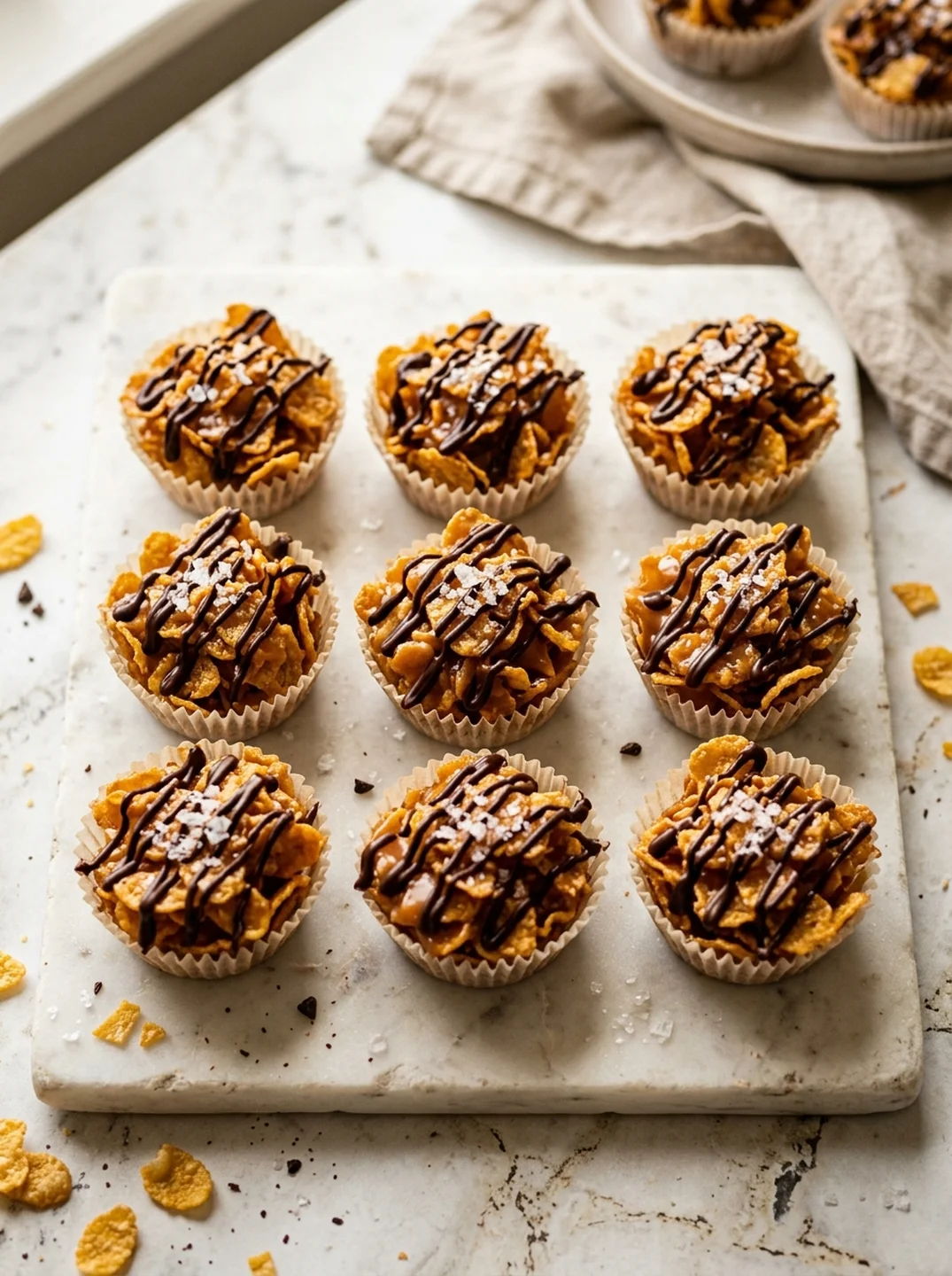 Golden caramel cornflake cups with chocolate drizzle on white marble, food photography hero shot