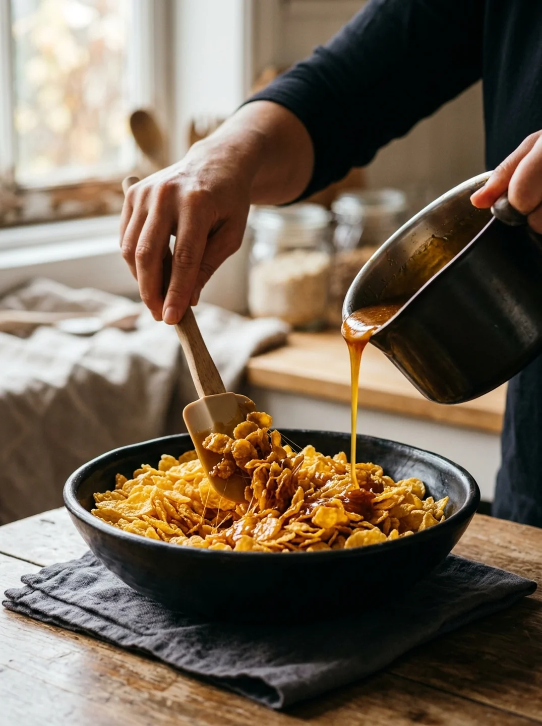 Caramel being poured over cornflakes in a black bowl, hand mixing with spatula