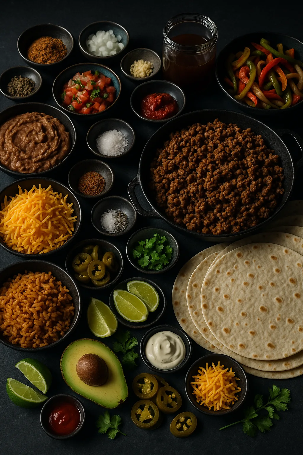Editorial-style photo of burrito ingredients including ground beef, refried beans, tortillas, cheese, rice, and garnishes on dark slate