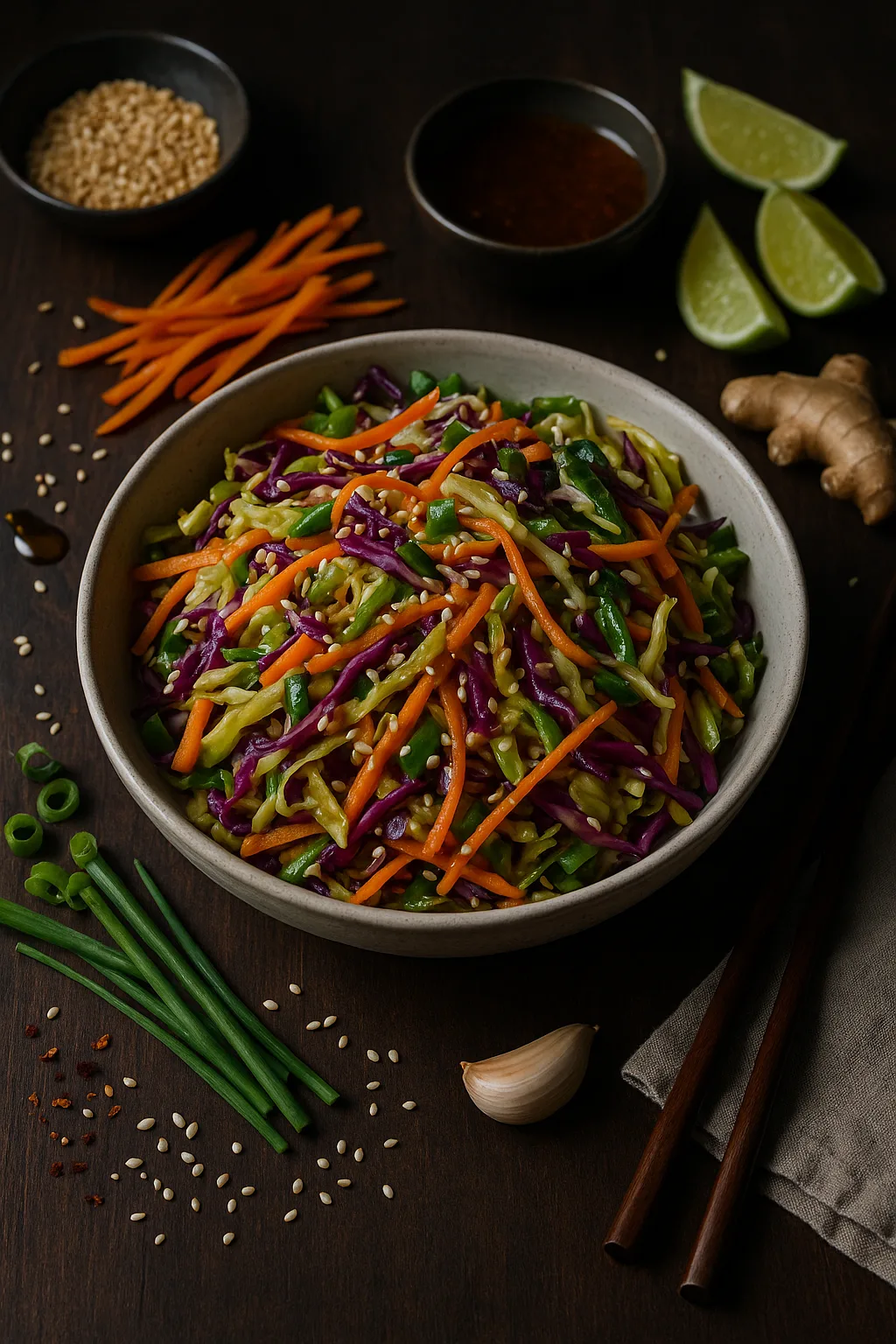 Bowl of crunchy Asian slaw with sesame-ginger dressing and sesame seeds