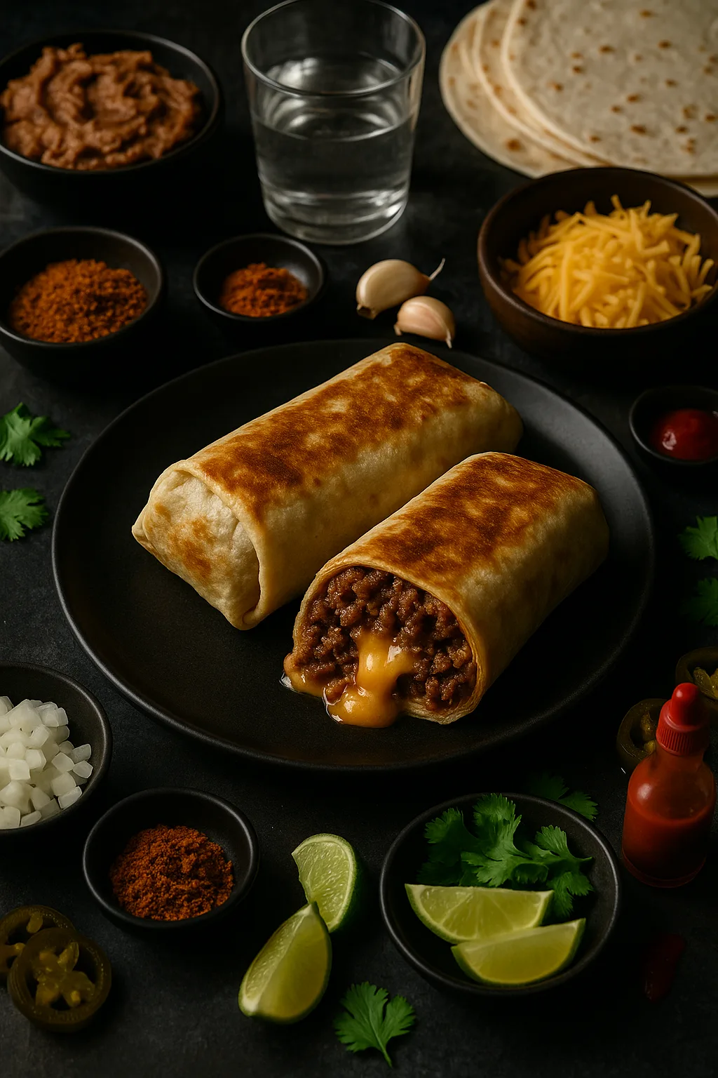 Beef and bean burritos on a plate with refried beans, cheese, tortillas, onion, and spices surrounding the dish in cinematic lighting