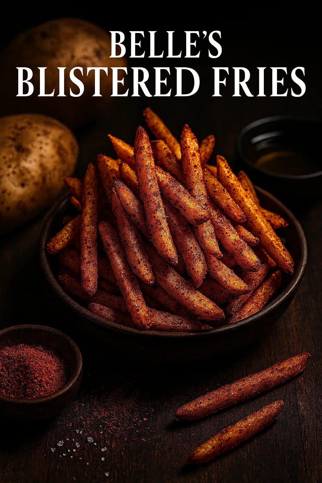 Belle’s Blistered Fries in a rustic bowl, golden and crispy with Southern Belle Fire Dust seasoning, surrounded by potatoes, spice blend, and oil, with recipe name text overlay