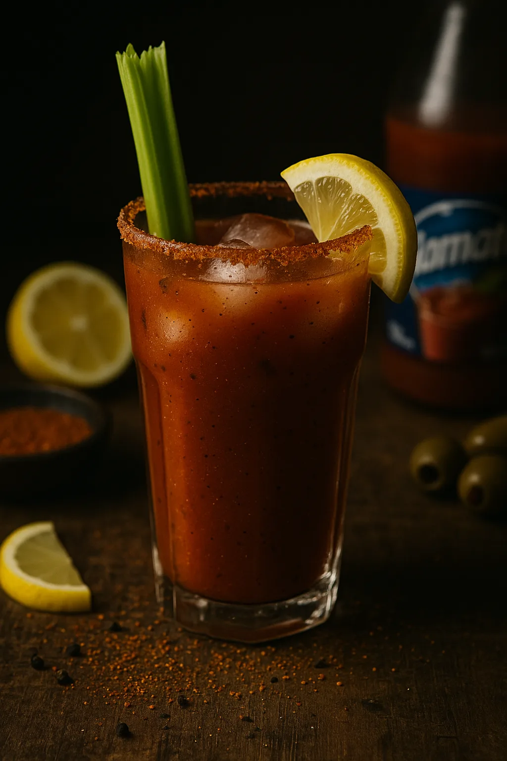 Belle’s Fiery Southern Caesar cocktail in a tall glass rimmed with Southern Belle Fire Dust, garnished with celery and lemon, surrounded by fresh ingredients.