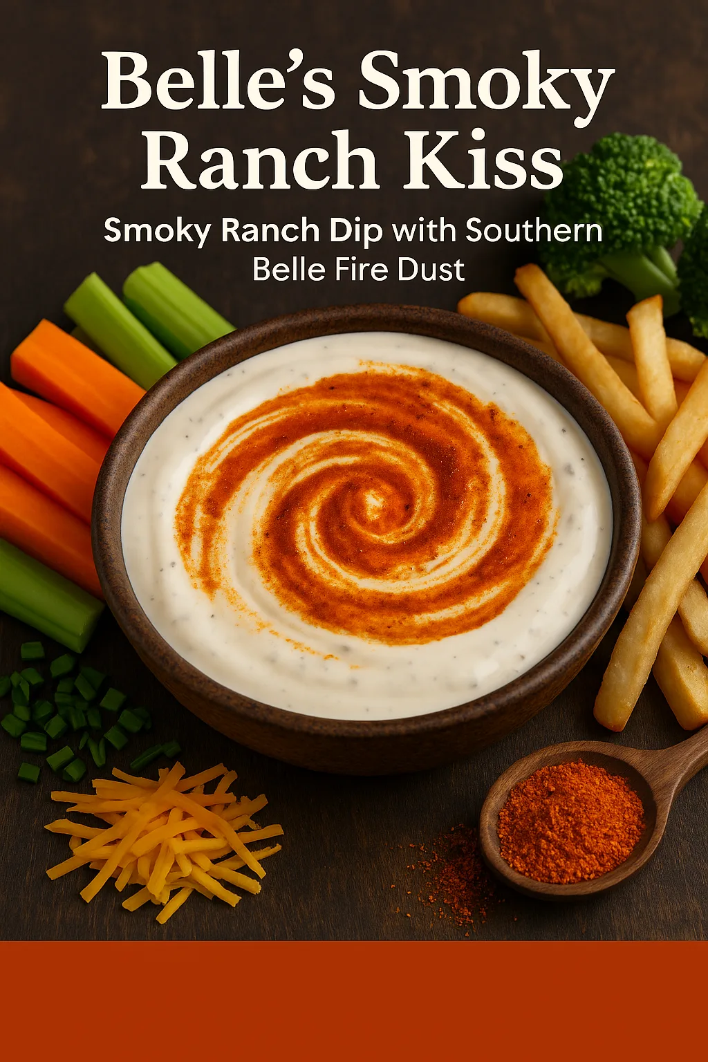 Creamy ranch dip swirled with Southern Belle Fire Dust seasoning in a rustic bowl, surrounded by carrot sticks, celery, fries, shredded cheddar, chives, and broccoli.