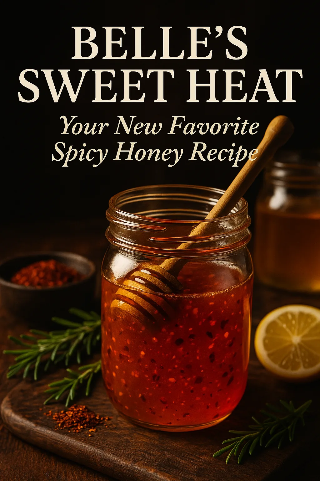 Belle’s Sweet Heat hot honey in a glass jar with honey dipper, chili flakes, rosemary, and lemon, labeled 'Your New Favorite Spicy Honey Recipe.'