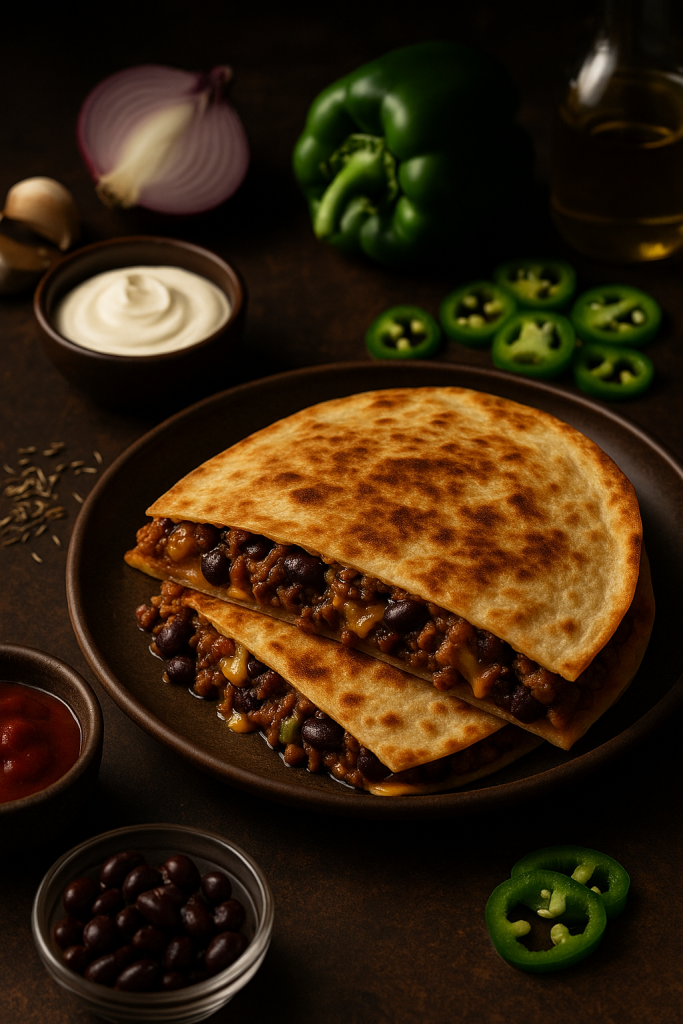 Cheesy Mexican beef and bean quesadilla cut into wedges, served with salsa and sour cream.