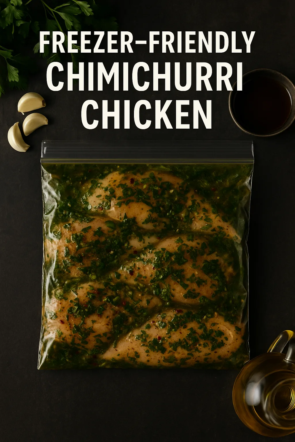 Chimichurri Chicken Marinade in freezer bag with fresh herbs and ingredients