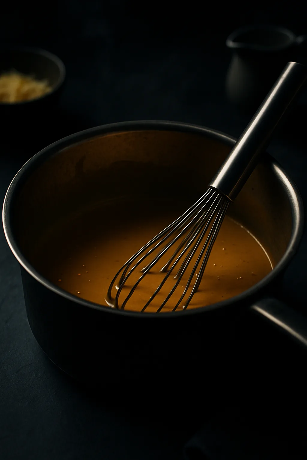 Classic cheese cream sauce being whisked in a dark saucepan on the stovetop
