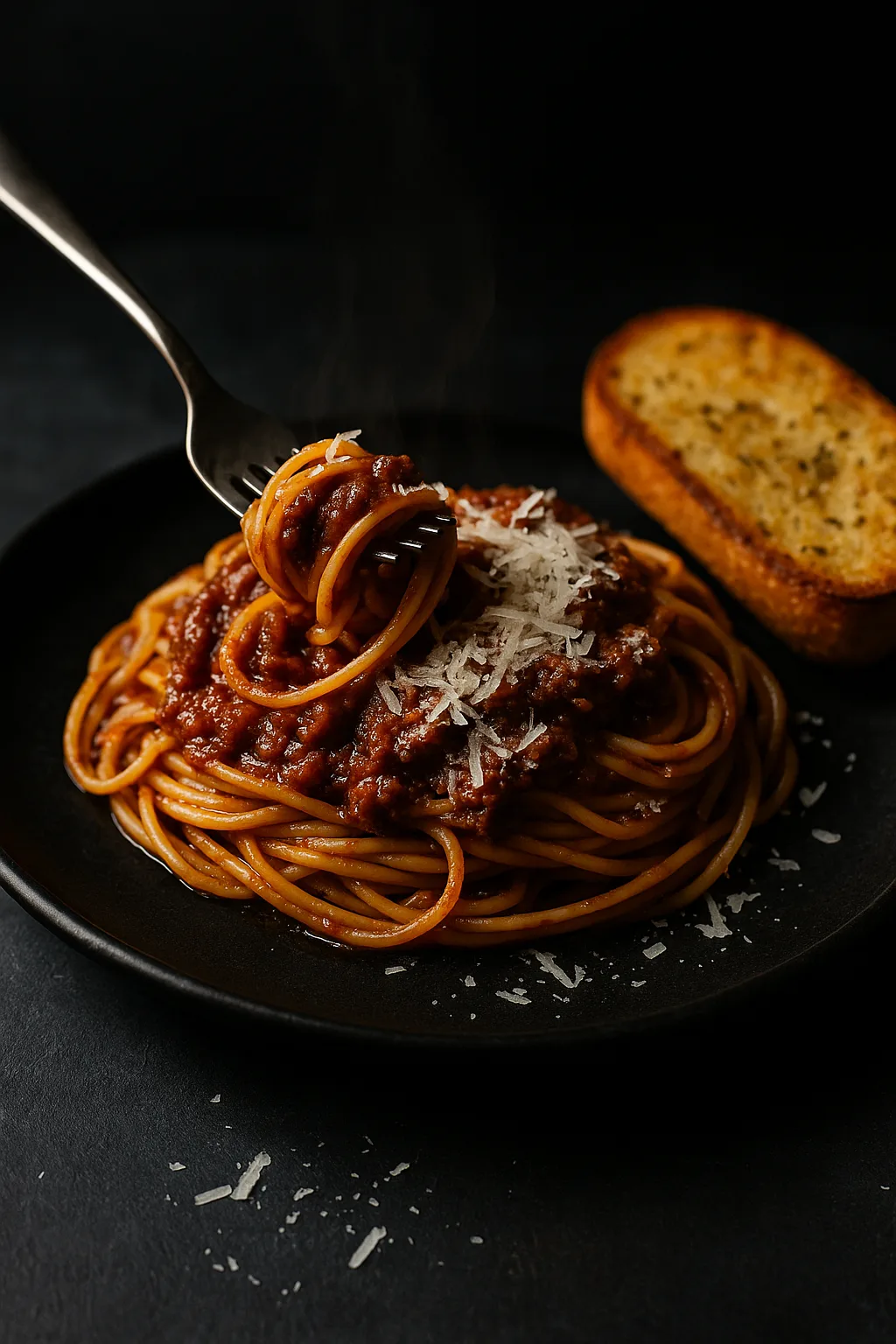 Classic Weeknight Spaghettini with Garlic Bread & Parm served on matte black plate