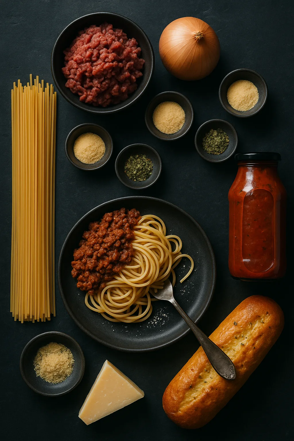 Classic Weeknight Spaghettini with Garlic Bread & Parm ingredients flat lay