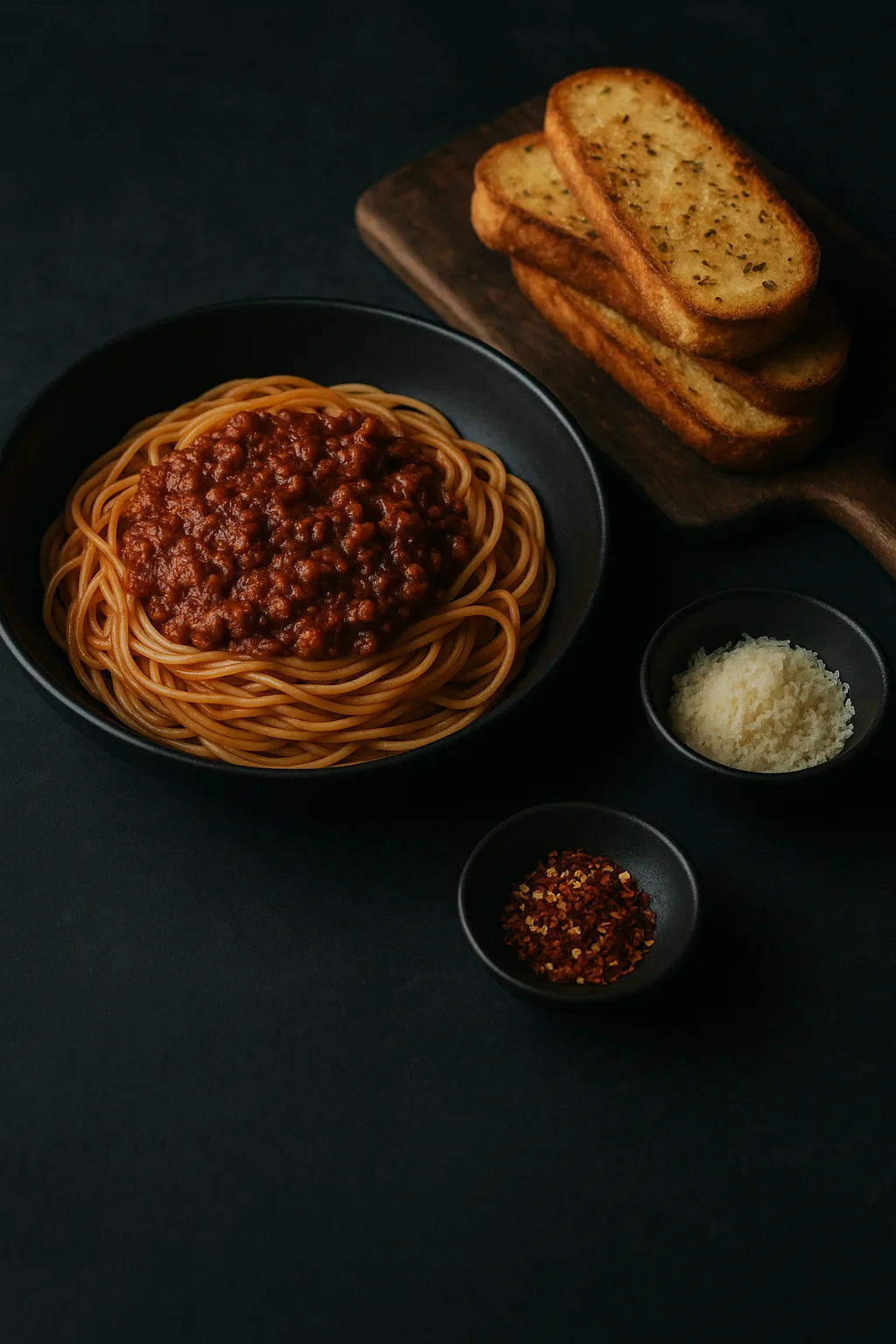 Classic Weeknight Spaghettini with Garlic Bread & Parm served family style