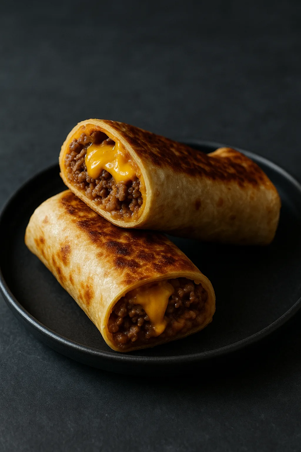 Crispy cheesy beef and refried bean burrito on black plate with melted cheddar