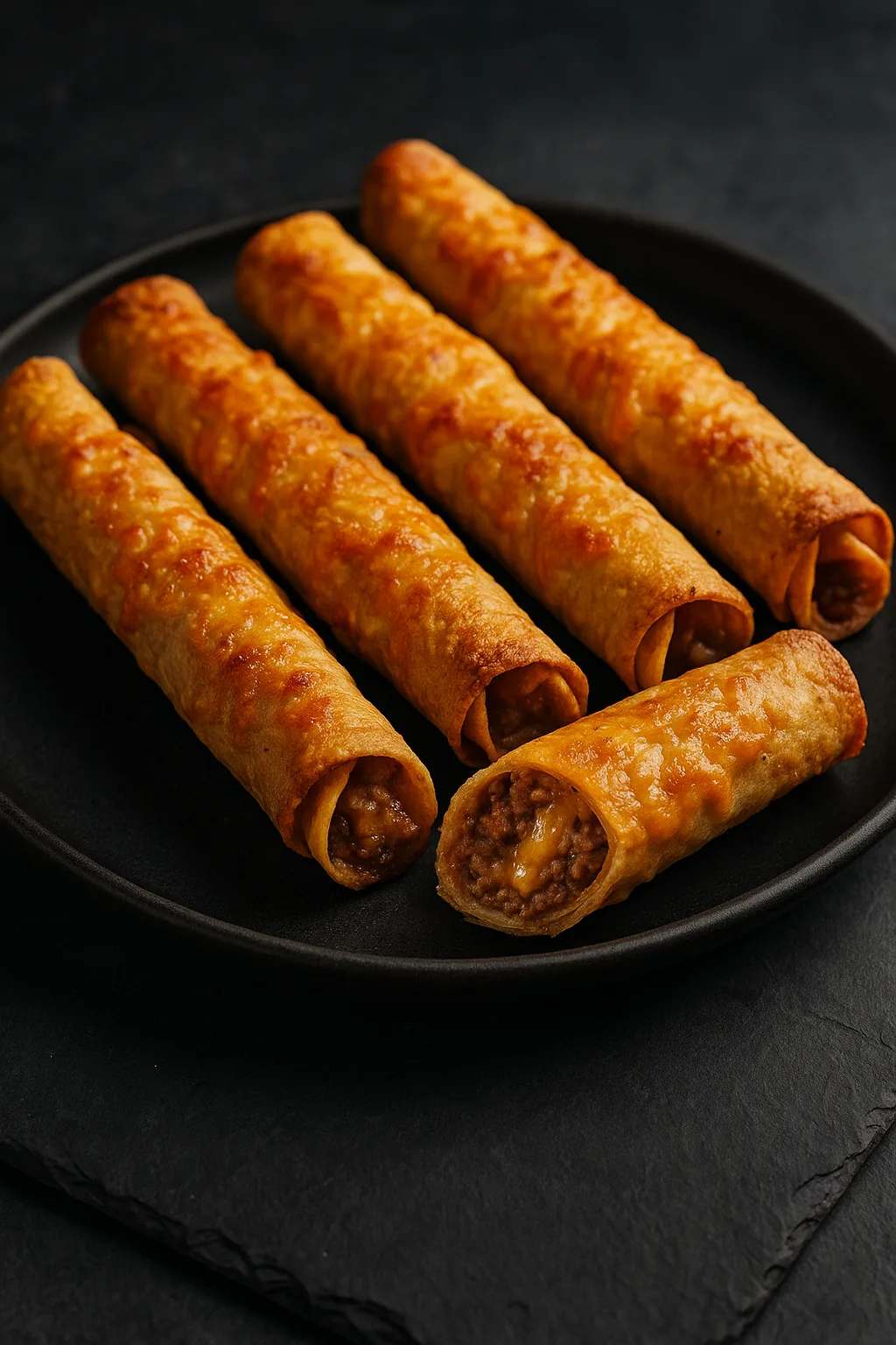 Crispy cheesy beef and refried bean taquitos on a black ceramic plate, one sliced open to reveal filling