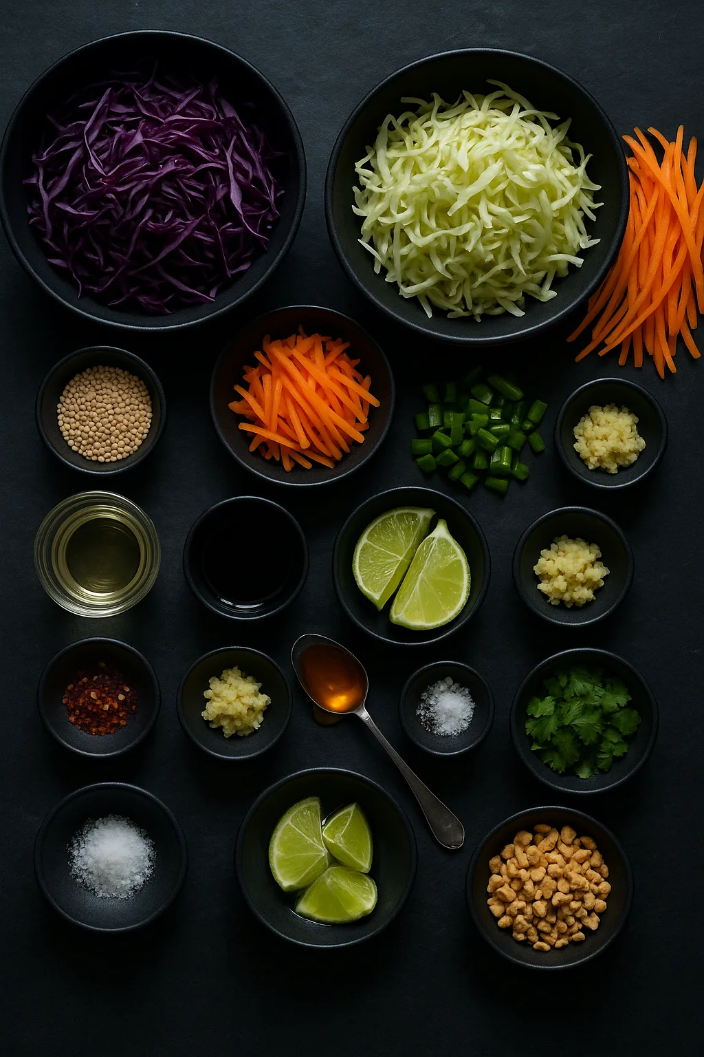 Moody top-down ingredient flat-lay for crunchy cabbage slaw with sesame–lime dressing on dark slate: cabbage, carrots, green onion, sesame, lime, ginger, peanuts.