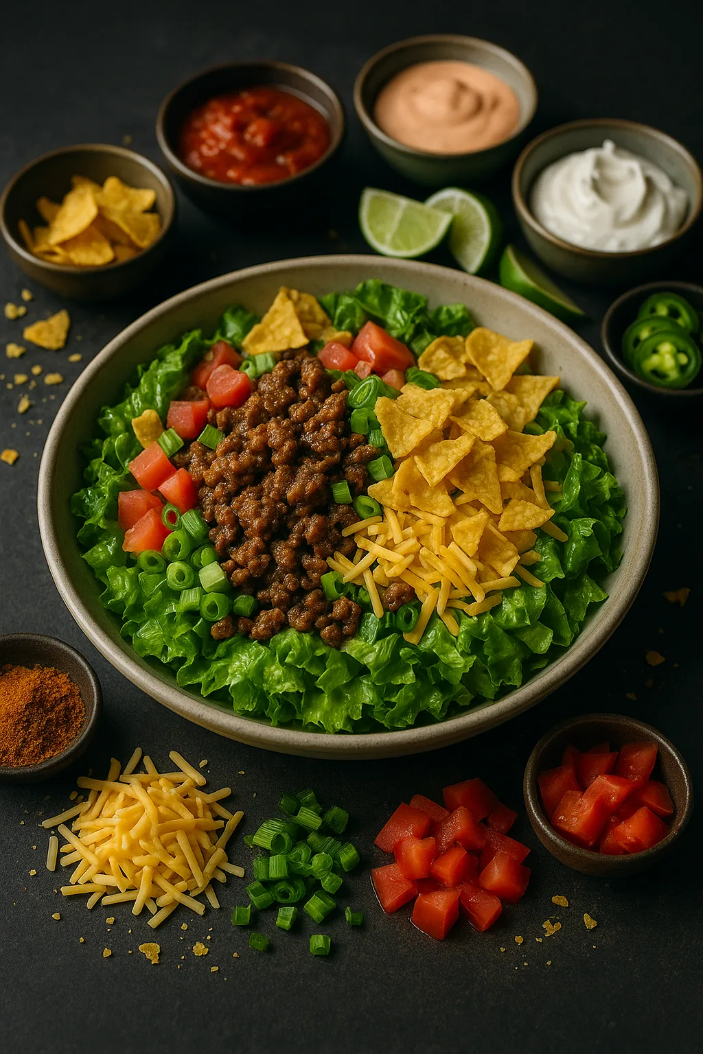 Easy taco salad with seasoned ground beef, fresh romaine, tomatoes, green onion, shredded cheese, and crunchy tortilla chips; cinematic 3:4 photo.