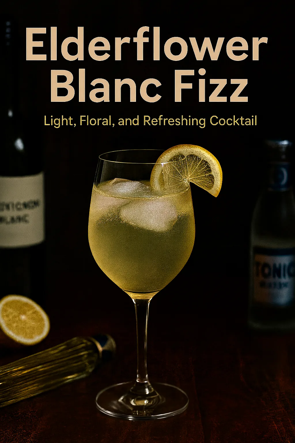 Pinterest graphic for the Elderflower Blanc Fizz, a light and floral cocktail made with Sauvignon Blanc, St-Germain elderflower liqueur, and tonic water, served over ice with a lemon garnish.