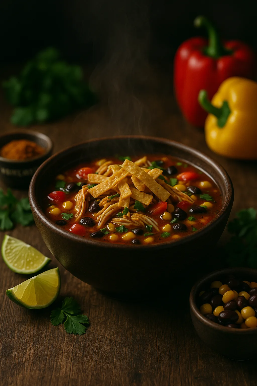 Cinematic photo of fajita chicken soup with tortilla strips, black beans, corn, and peppers in a rustic bowl.