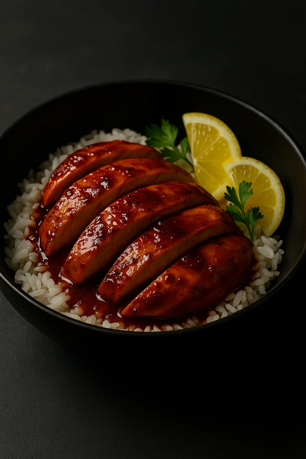 Cinematic close-up of Instant Pot Harissa Honey Chicken sliced over rice in a matte black bowl on dark slate, glossy harissa-honey sauce with lemon wedges and parsley