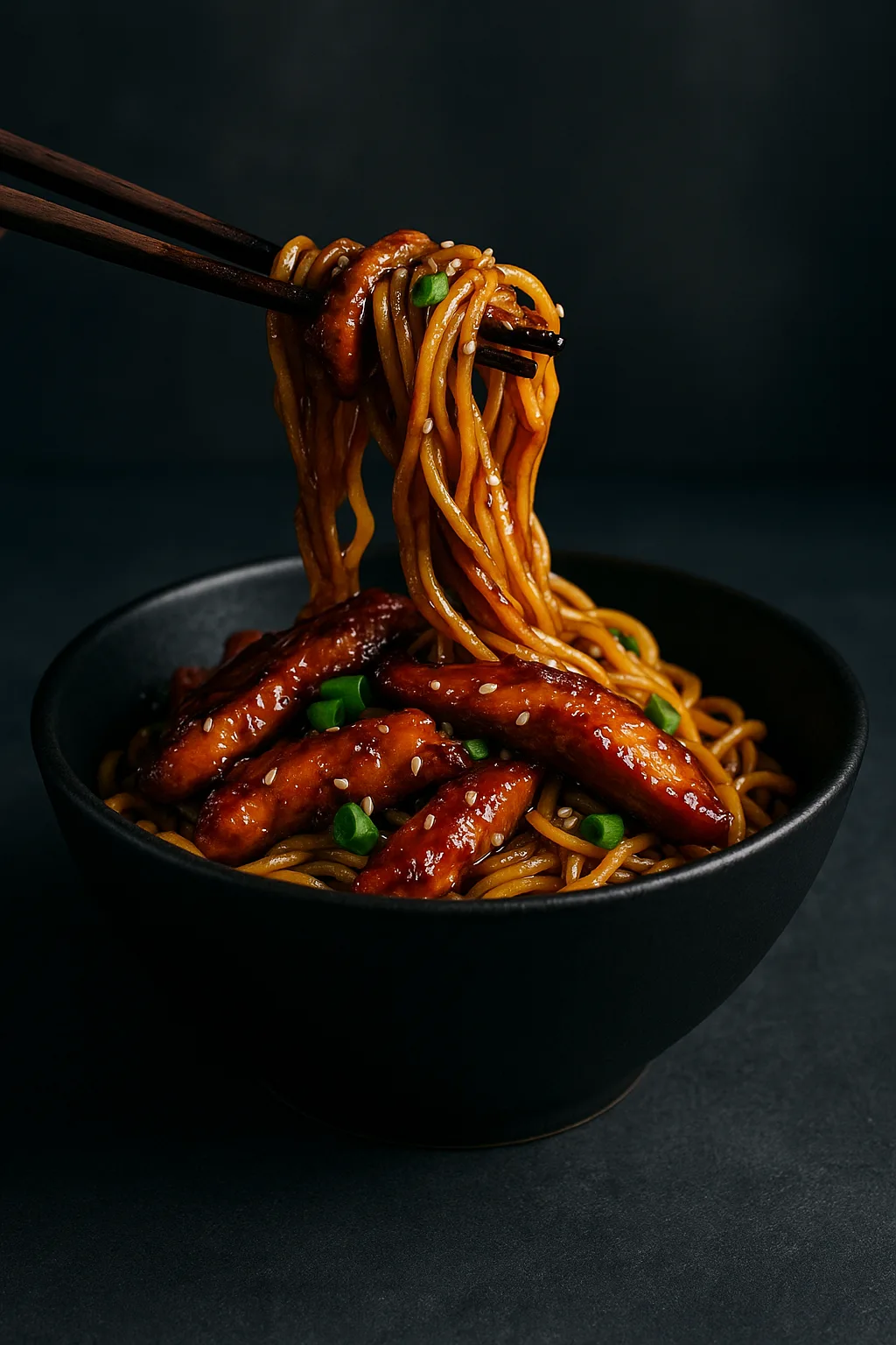 Firecracker Chicken Ramen lifted with chopsticks from a matte black bowl, glossy noodles and sticky glazed chicken garnished with scallions and sesame seeds