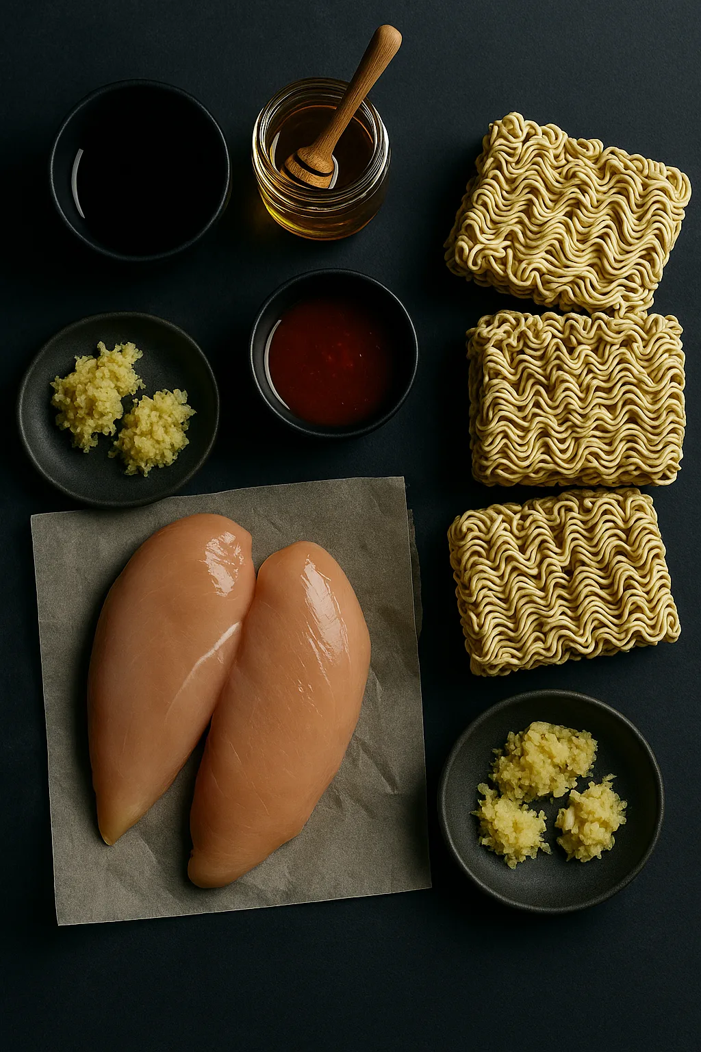 Flat lay of Firecracker Chicken Ramen ingredients including soy sauce, honey, hot sauce, ginger, garlic, raw chicken breasts, and ramen noodles on dark slate