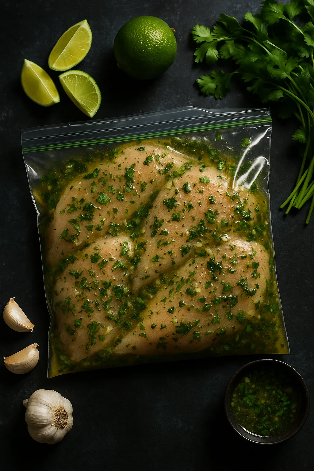 Freezer Friendly Marinated cilantro lime chicken breasts in a zip-top bag surrounded by fresh limes, cilantro, and garlic