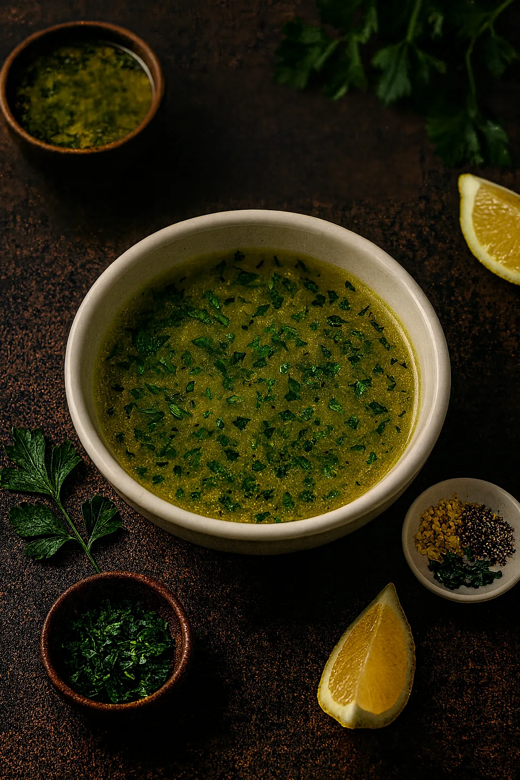A bowl of gallbladder-friendly lemon herb sauce surrounded by fresh parsley, lemon, garlic, and seasonings on a dark rustic background.