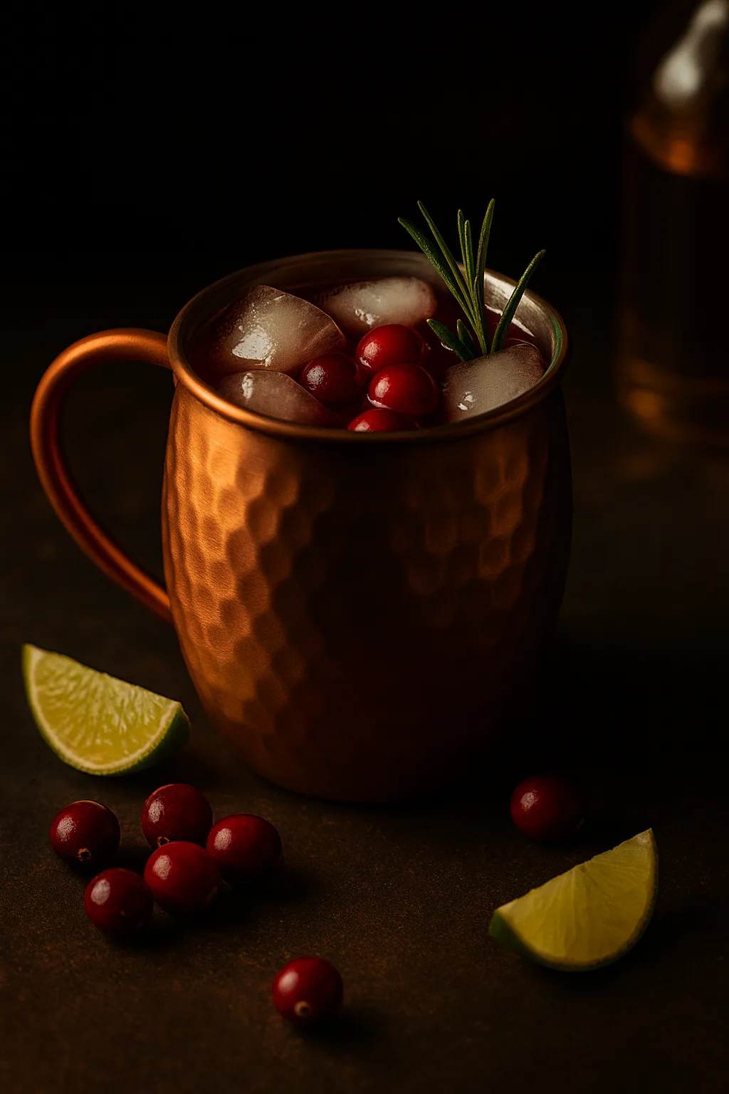 Ginger Cran Mule cocktail in a hammered copper mug with ice, fresh cranberries, rosemary sprig, and lime wedges on a dark moody background