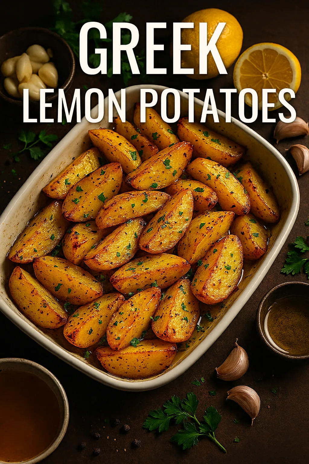 Pinterest graphic of Greek Lemon Potatoes in a baking dish with golden crispy edges, parsley garnish, and text overlay reading “Greek Lemon Potatoes”