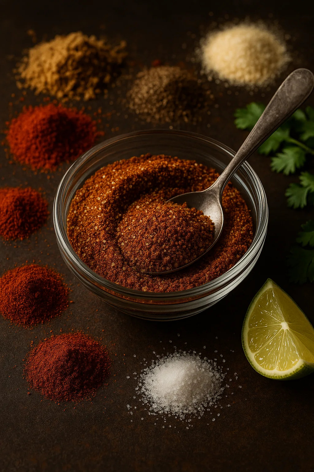 Bowl of homemade fajita seasoning with spoon, surrounded by chili powder, paprika, cumin, salt, lime, and cilantro
