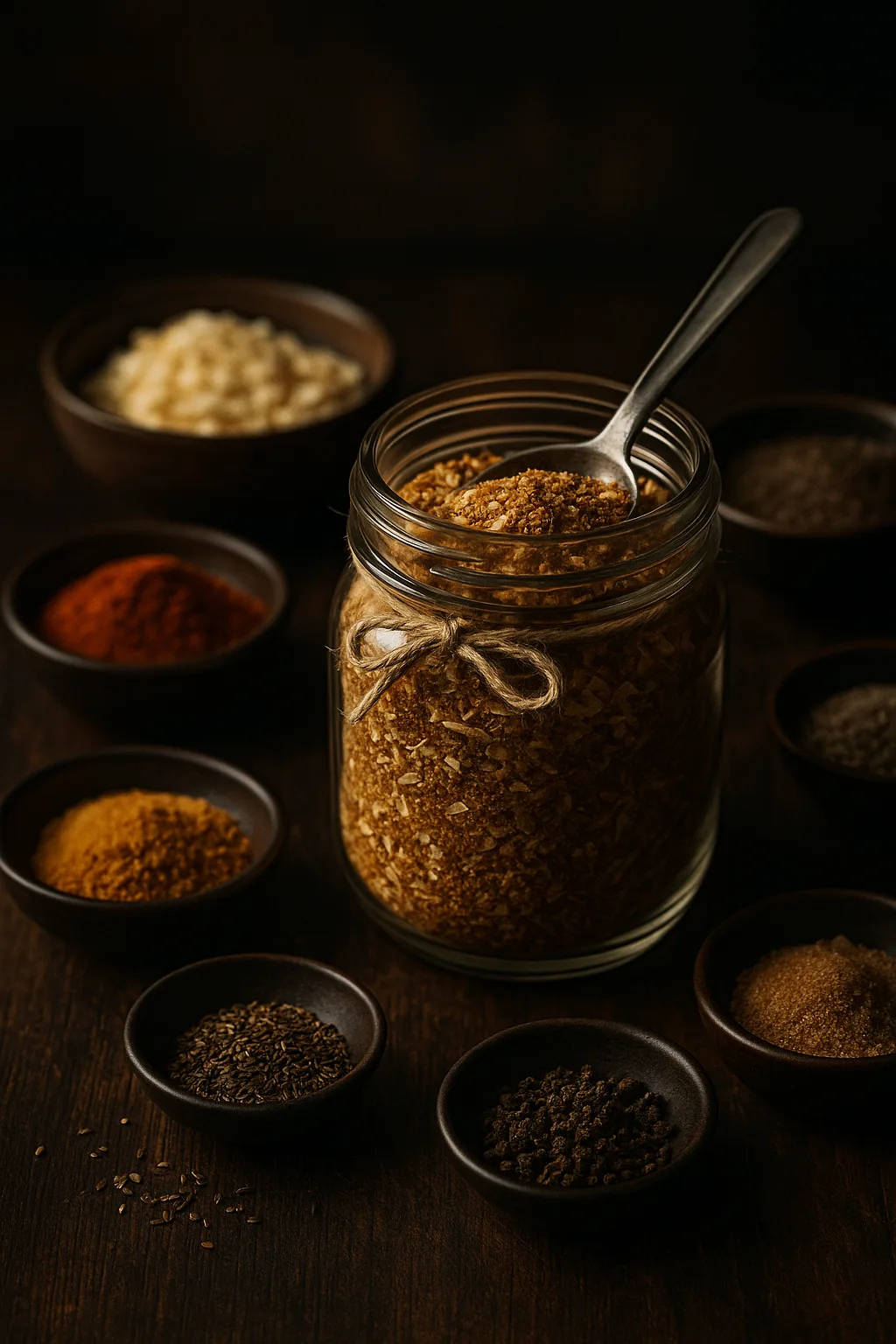 Jar of homemade onion soup mix surrounded by ingredients on a dark wooden surface