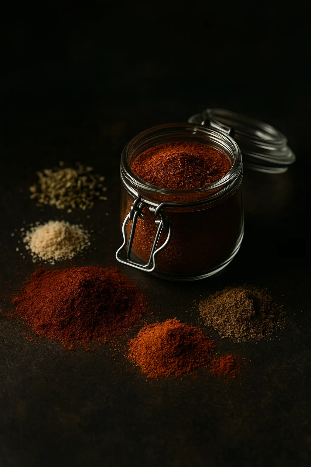 Overhead 3:4 photo of a glass jar filled with homemade taco seasoning surrounded by chili powder, cumin, paprika, garlic powder, onion powder, and oregano on a dark moody surface.