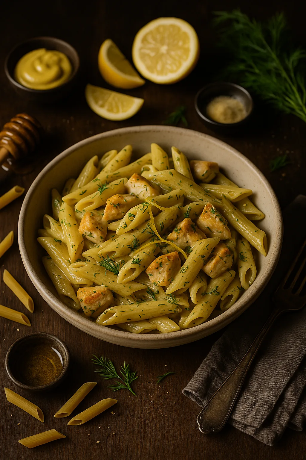 Honey Dill Penne with seared chicken in creamy honey-dill sauce, lemon zest, and fresh dill, surrounded by mustard, lemon wedges, honey, and dry penne on a rustic table.