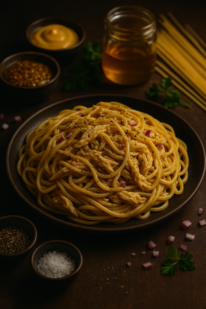 Bowl of Honey Mustard Chicken Spaghettini coated in glossy sauce with parsley and mustard seeds
