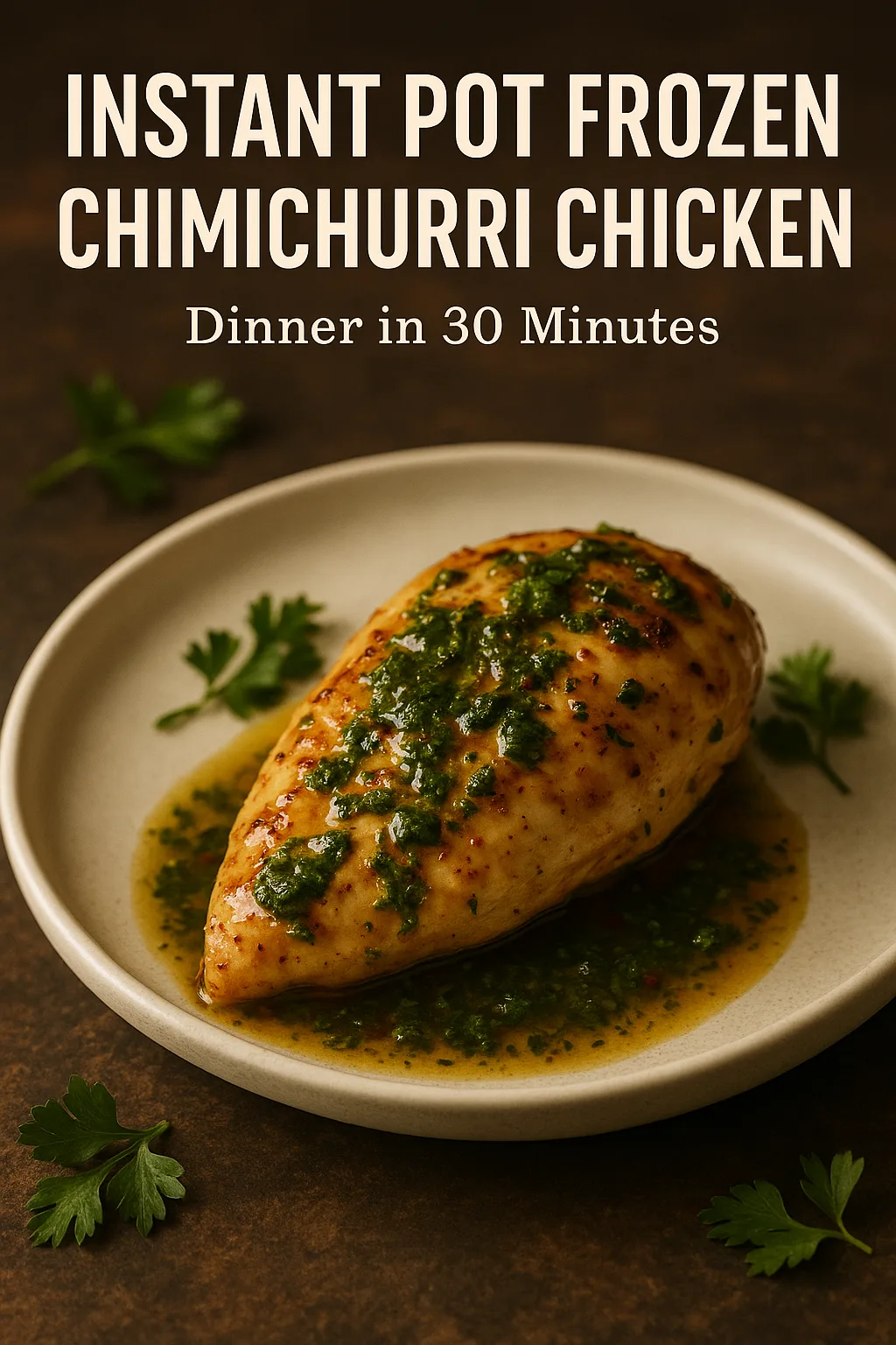 Juicy Instant Pot Frozen Chimichurri Chicken in an Instant Pot, surrounded by fresh parsley, garlic, and lemon, shot in warm cinematic lighting.
