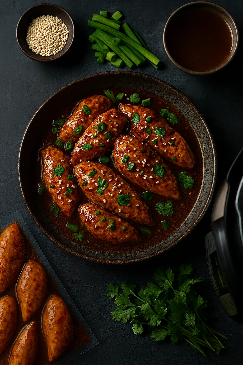 Bowl of Instant Pot frozen spicy soy ginger chicken garnished with sesame seeds, green onions, and cilantro, surrounded by fresh ingredients.