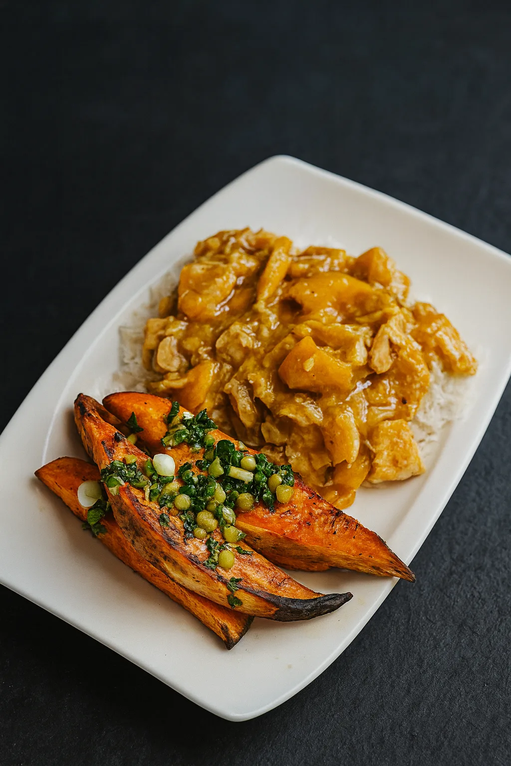 Instant Pot Jerk Mango Lime Chicken with coconut rice and roasted sweet potato wedges on a white plate, moody slate background, DSLR food photo