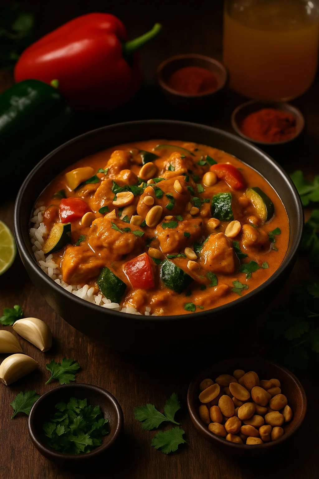 Instant Pot peanut chicken curry in a black bowl with rice, zucchini, red bell pepper, poblano pepper, and peanuts, garnished with cilantro.