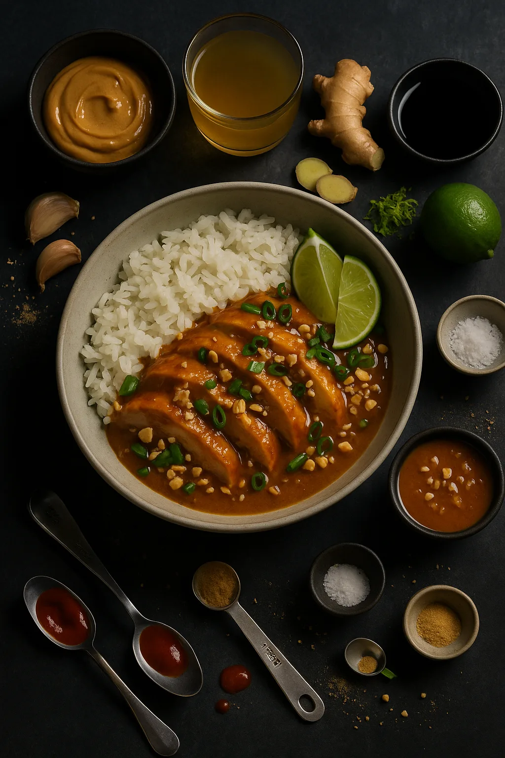 Bowl of Instant Pot peanut lime satay chicken with jasmine rice, lime wedges, and garnishes, surrounded by fresh ingredients and sauce elements