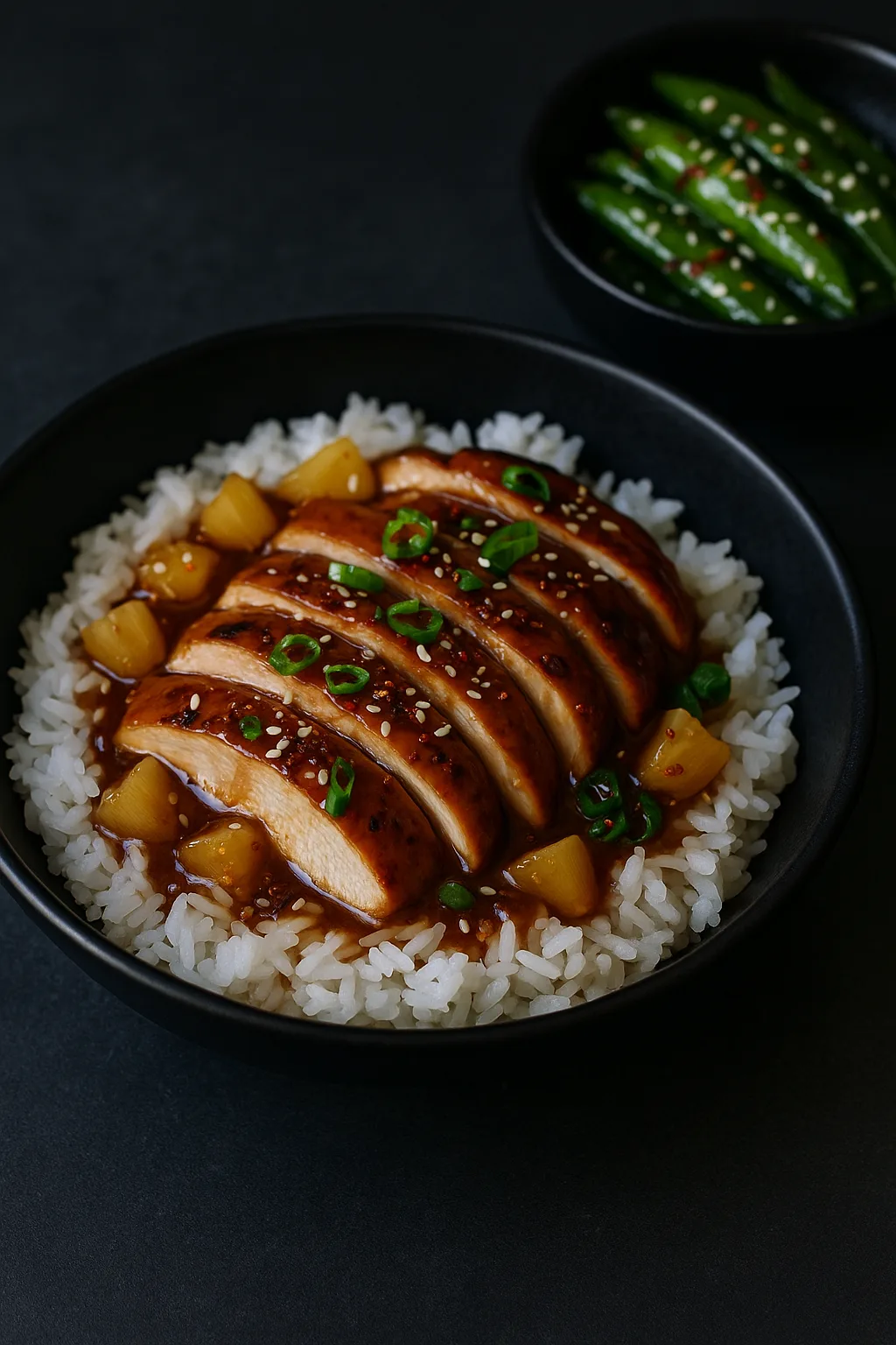 Instant Pot Teriyaki Pineapple Chicken over jasmine rice with glossy sauce, pineapple tidbits, sesame, and scallions