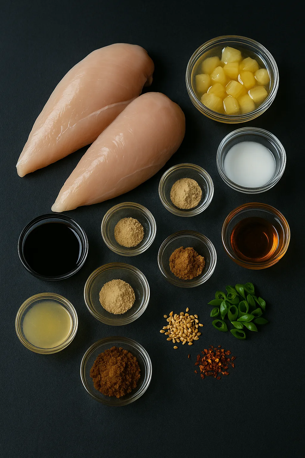 Moody editorial 45° photo of raw ingredients for Instant Pot Teriyaki Pineapple Chicken on dark slate: two chicken breasts, bowls of soy sauce, measured pineapple juice + water, ginger powder, garlic powder, brown sugar, honey, pineapple tidbits, and cornstarch slurry, with sliced green onions, sesame seeds, and chili flakes.