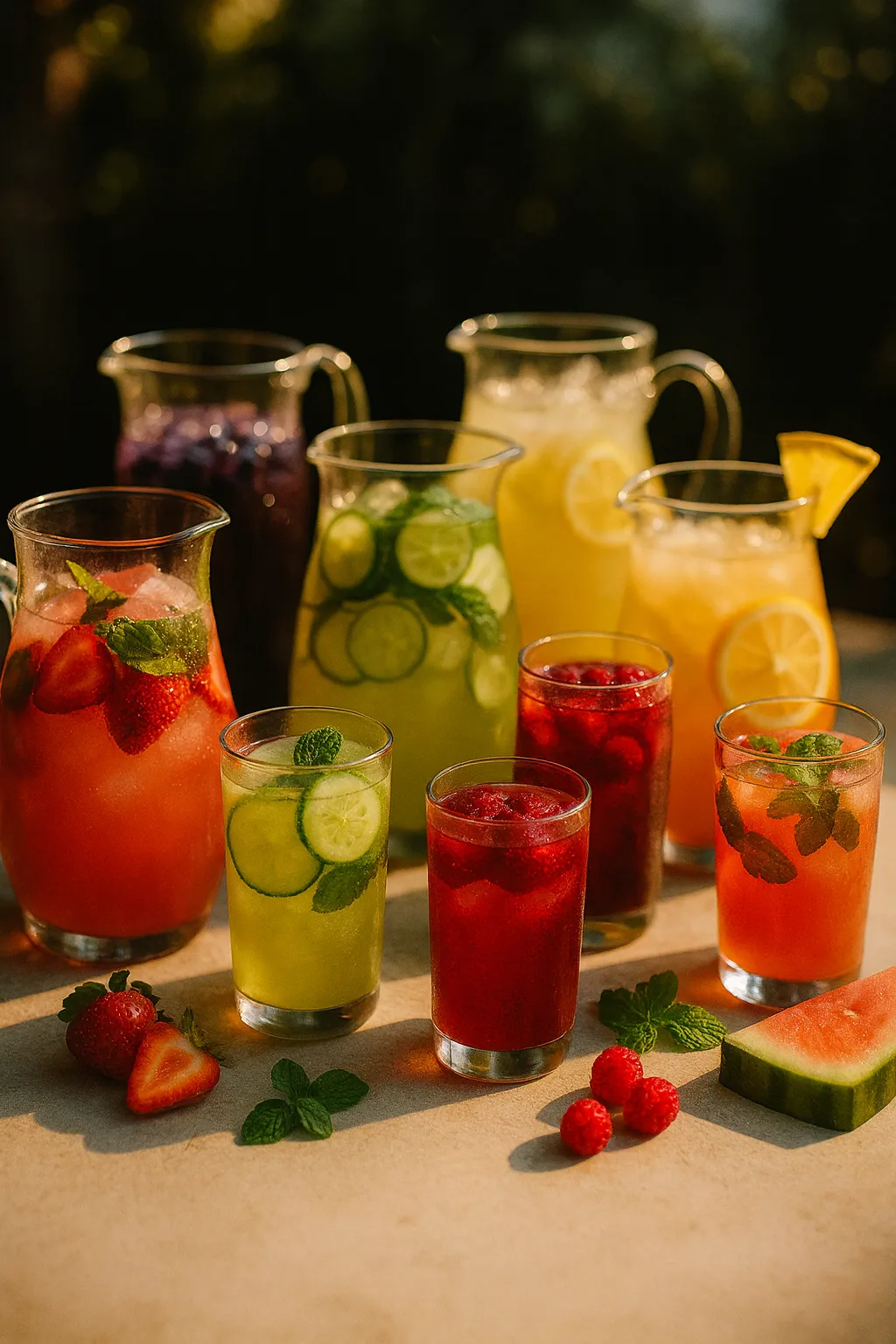 Lemonade pitcher drinks, cinematic 3:4—assorted colors with fresh fruit and herbs on a sunny patio table