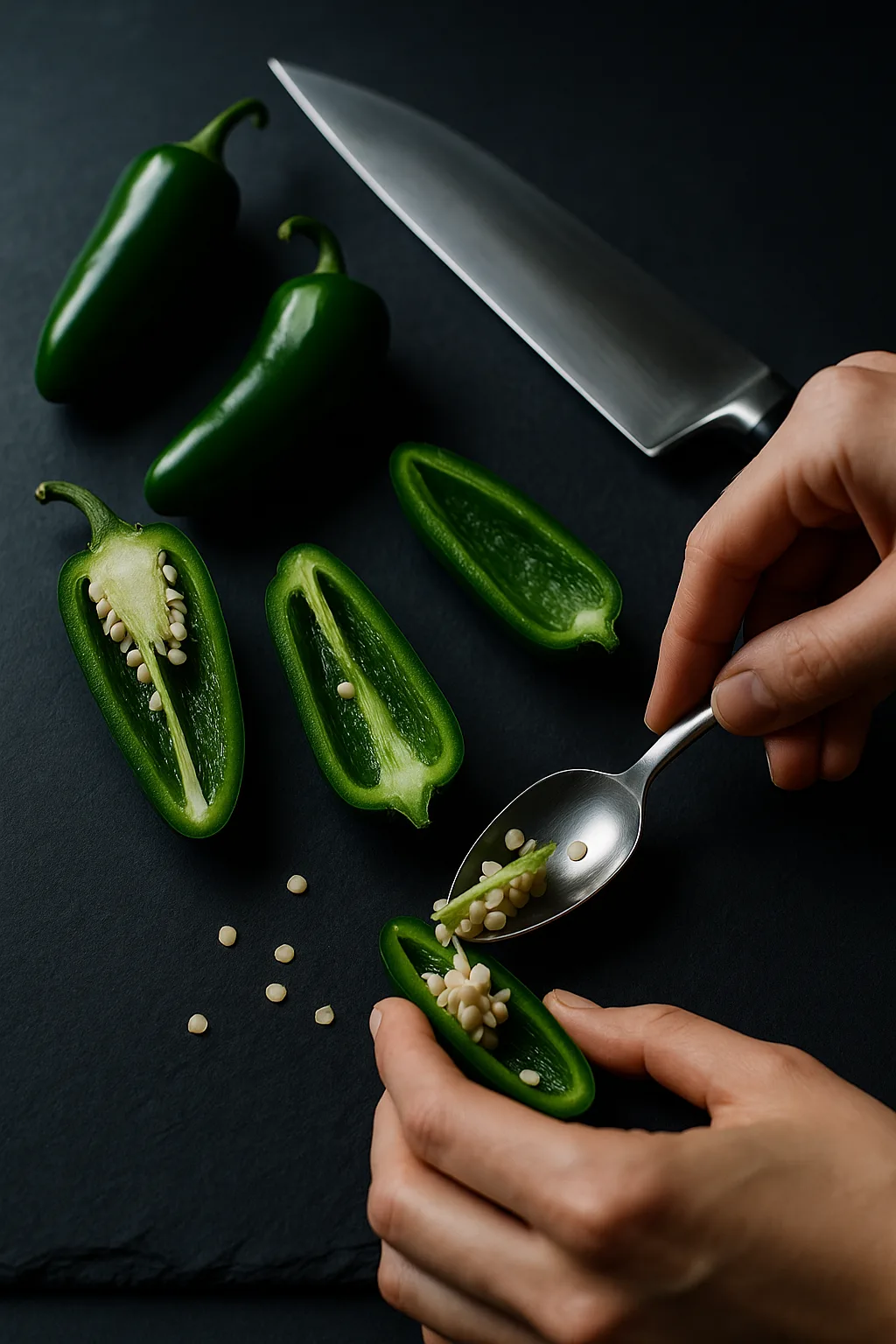 Hands slicing jalapeños lengthwise on dark slate with spoon and chef’s knife