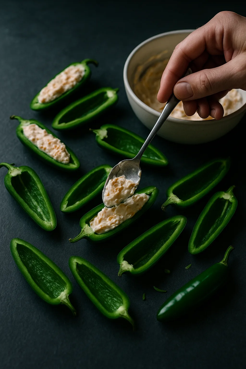 Hand stuffing jalapeño halves with creamy cheese mixture on dark slate surface