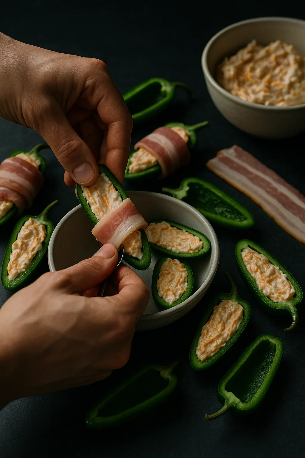 Moody editorial process shot of hand wrapping bacon around cheese-stuffed jalapeño halves on dark slate, 45° angle, 35mm natural light, 3:4
