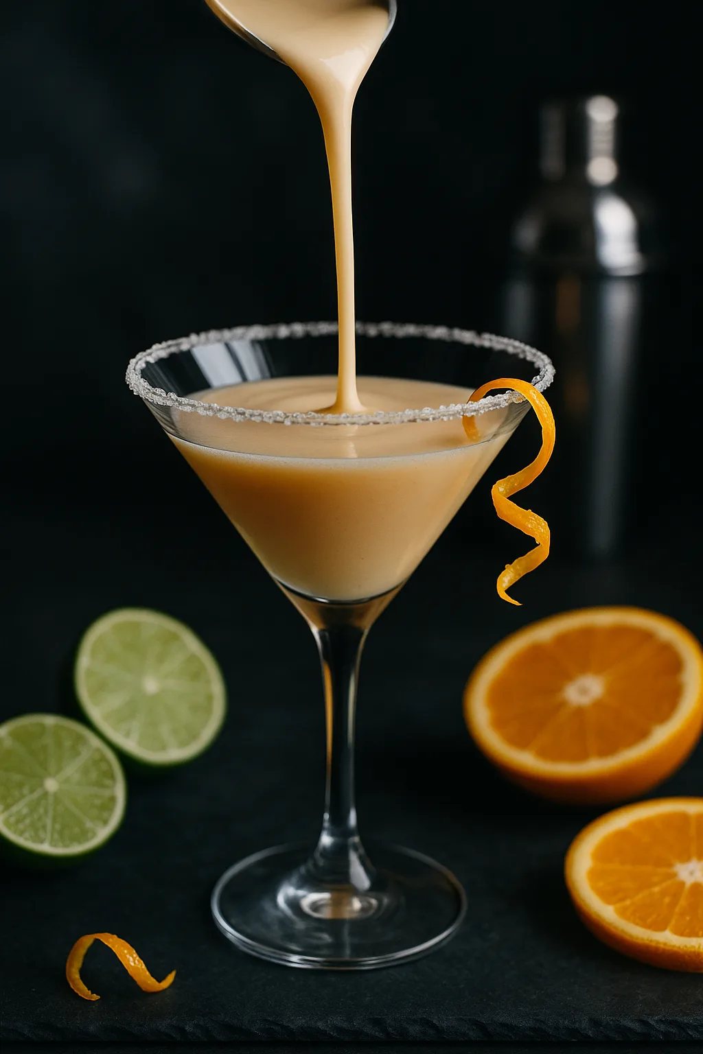 Moody editorial photo of an orange creamsicle margarita pouring into a salt-rimmed martini glass with citrus garnish