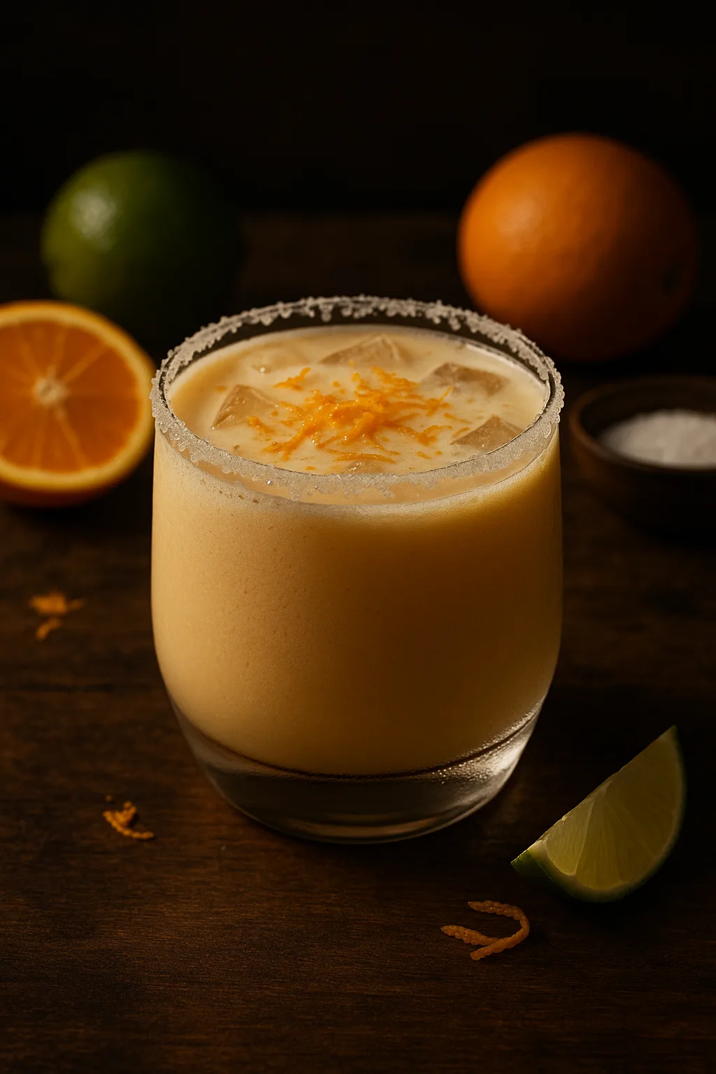 Orange Creamsicle Margarita in a salt-rimmed glass, topped with orange zest and surrounded by fresh citrus ingredients on a wooden surface.