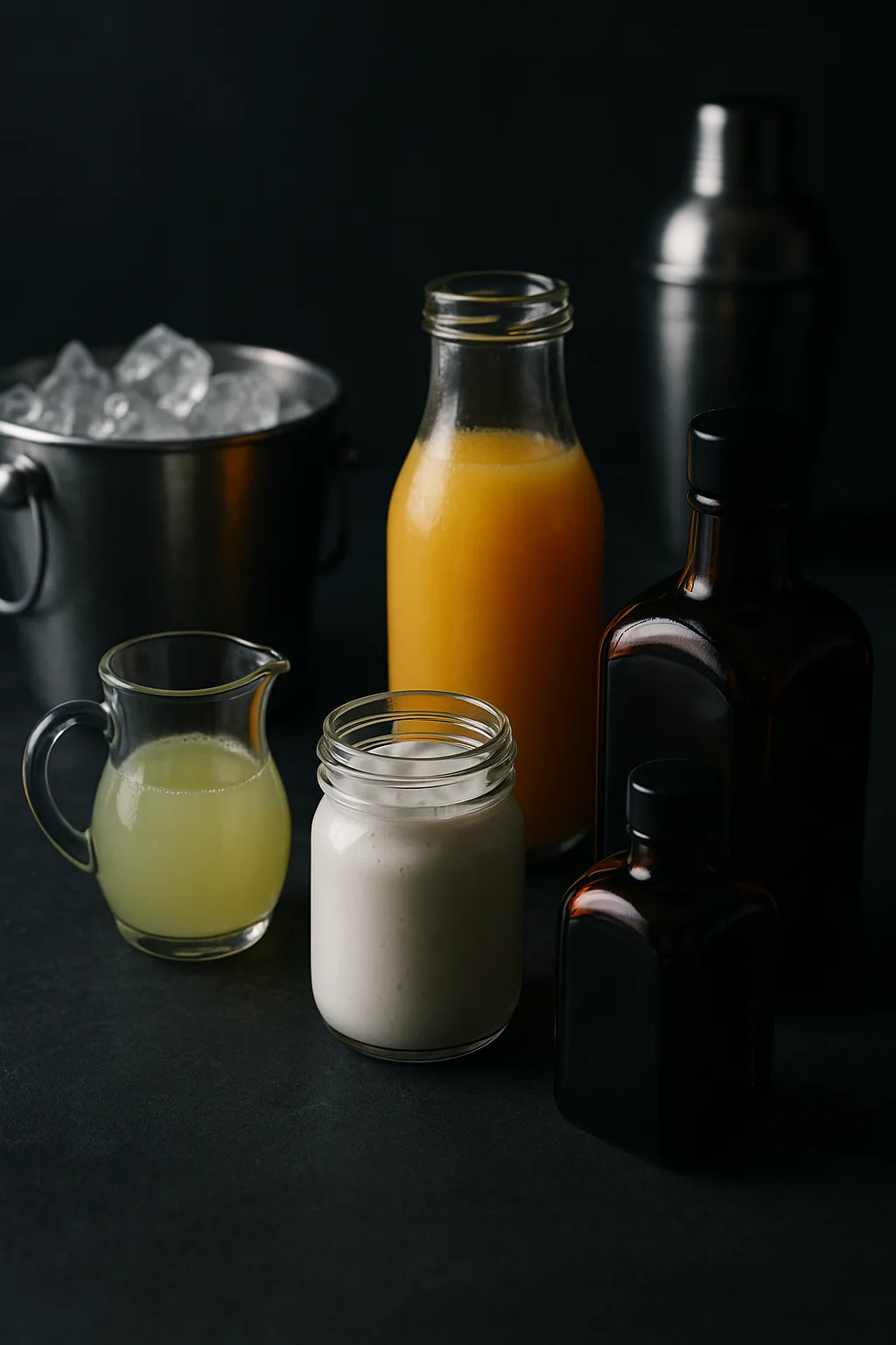 Moody editorial flat-lay of lime juice, orange juice, coconut cream, tequila, and Cointreau with ice bucket and cocktail shaker on dark slate