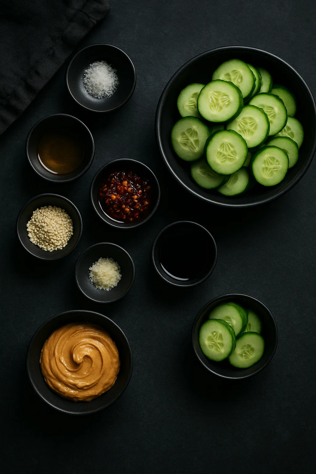 Flat lay of ingredients for Peanut Chili Crisp Cucumber Salad styled in matte black bowls on a dark slate surface