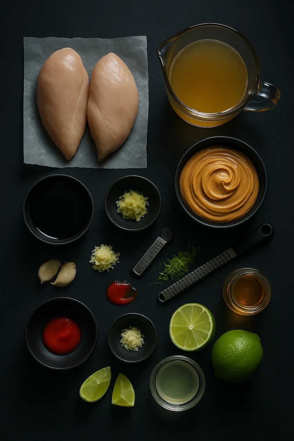 Moody top-down flat-lay of ingredients for Peanut Lime Satay Chicken arranged on dark slate with lime, peanut butter, chicken, garlic, ginger, and broth.